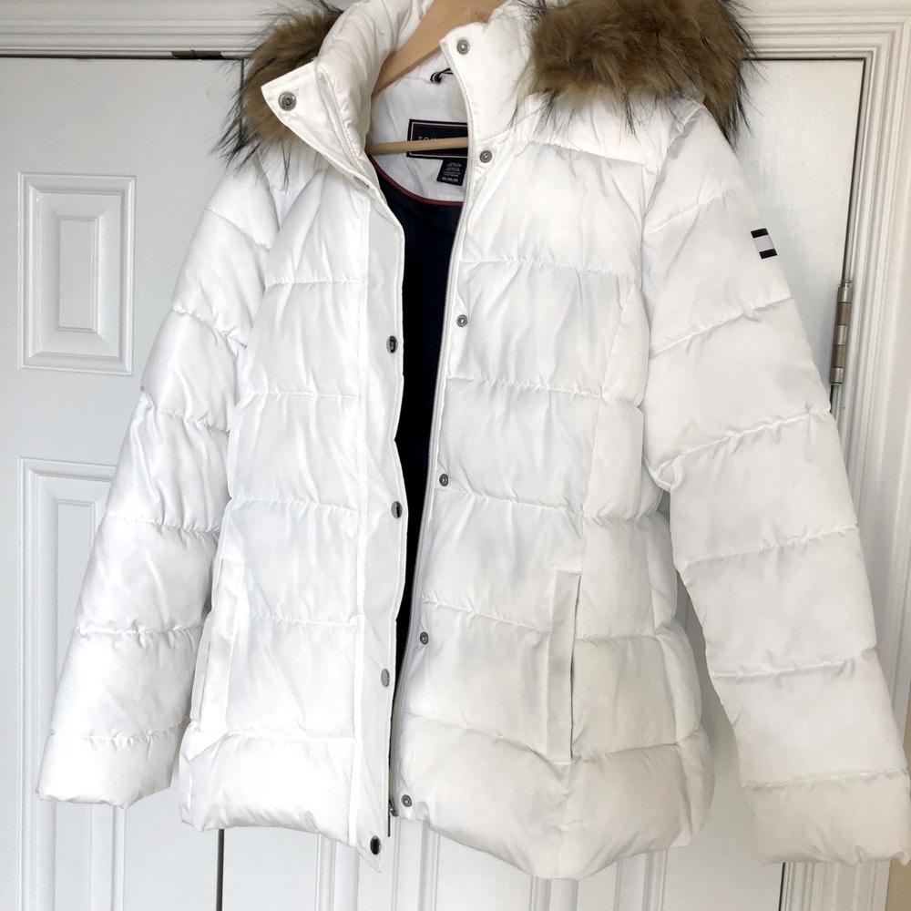 Tommy Hilfiger White Puffer Jacket with Faux Fur Hood Women’s Size Medium